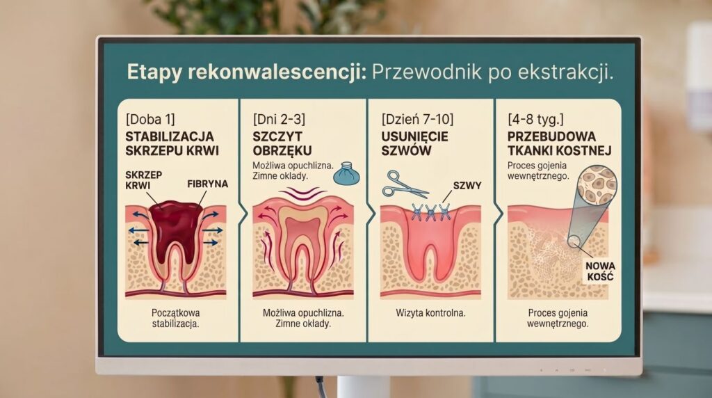 4 etapy rekonwalescencji po ekstrakcji zęba: doba 1 stabilizacja skrzepu krwi, dni 2–3 szczyt obrzęku, dzień 7–10 usunięcie szwów, 4–8 tyg. przebudowa tkanki kostnej