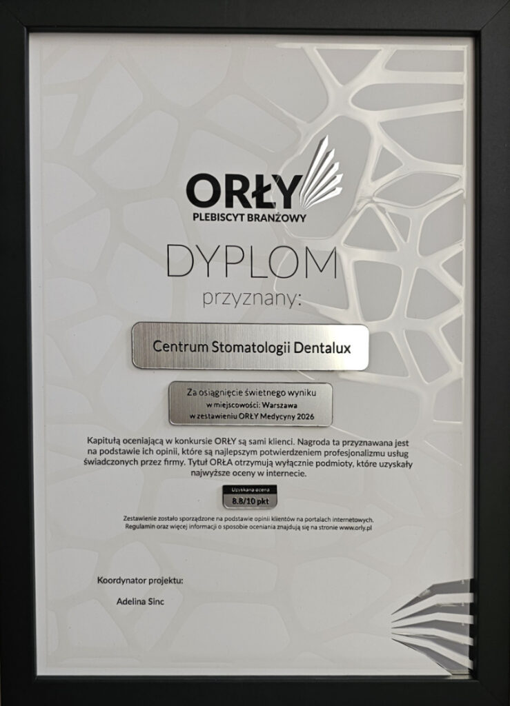 Dyplom Orły Medycyny 2026 dla Dentalux w Warszawie za wysoką jakość